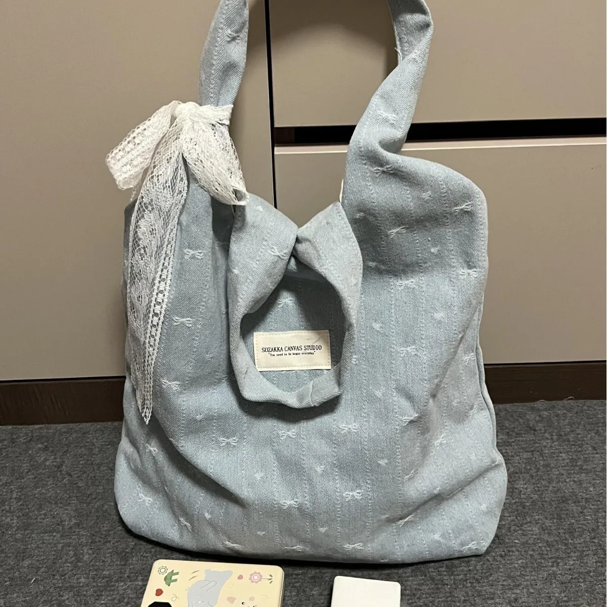 Women's New Bag Korean Version Denim Bow Carry Large Capacity For Commuting Kawaii Bag Embroidery Denim Tote Bag Single Shoulder