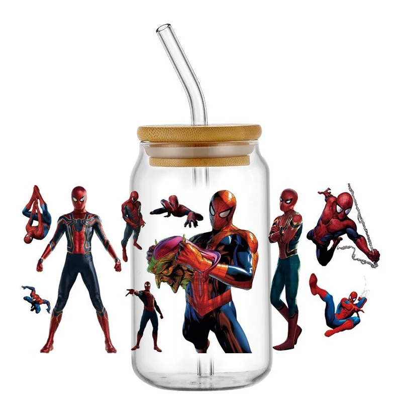 Miniso Spiderman 3D Wrap Transfer Sticker Superhero For 16oz Libbey Glass Design Cup Wraps Decal Waterproof Mug UV DTF Stickers