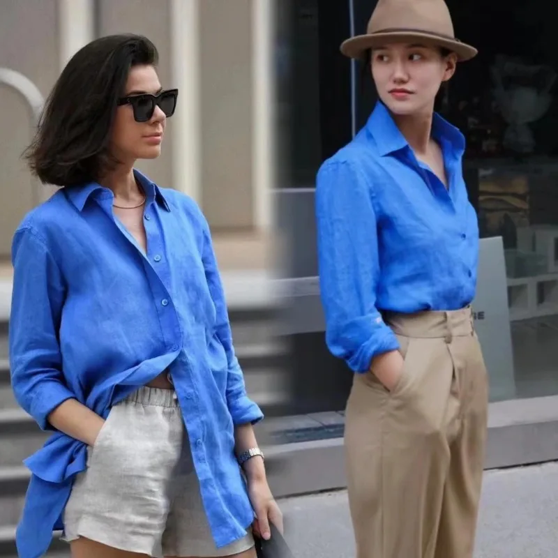 2025 Spring and Summer Women's Linen Lapel Long-sleeved Commuting Simple Blue Solid Color Linen Shirt