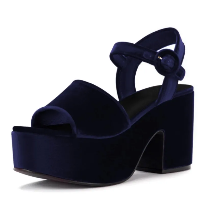 

DIZHUANG Fashionable women's high-heeled sandals. Blue suede sandals. About 11cm heel height. Summer women's shoes SIZ:34-46