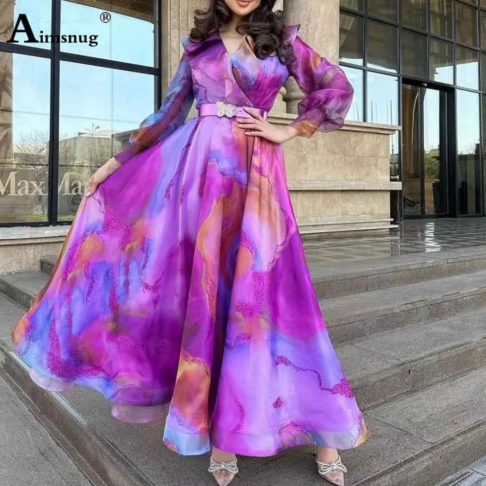

Aimsnug Female Long Perspective peom Dress Long Sleeve 3D Printed Bilateral Dress 2025 Women Elegant Formal Party Dresses New