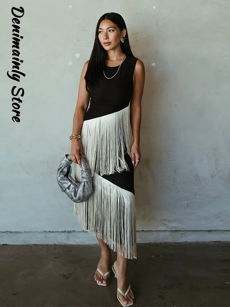 Fashion Women's Contrasting Irregular Tassel Long Dress Slim Round Neck Sleeveless Straight Tube Dresses 2026 Summer Lady Robes