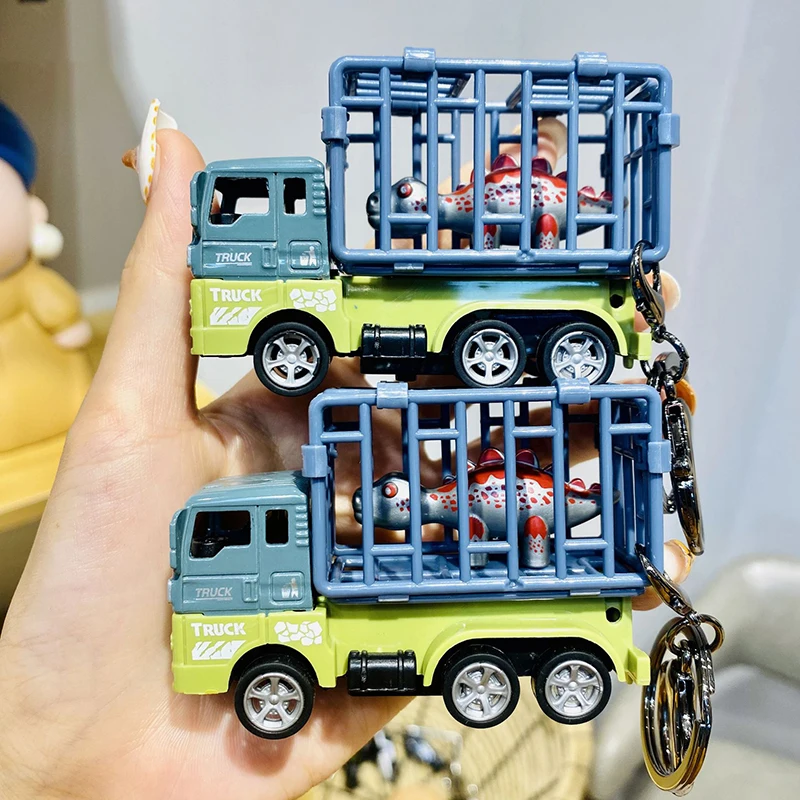 Car Model Keychain Mini Transport Car With Cage Dinosaur Alloy Pull Back Car Children Toys Backpack Pendant Gift Educational Toy