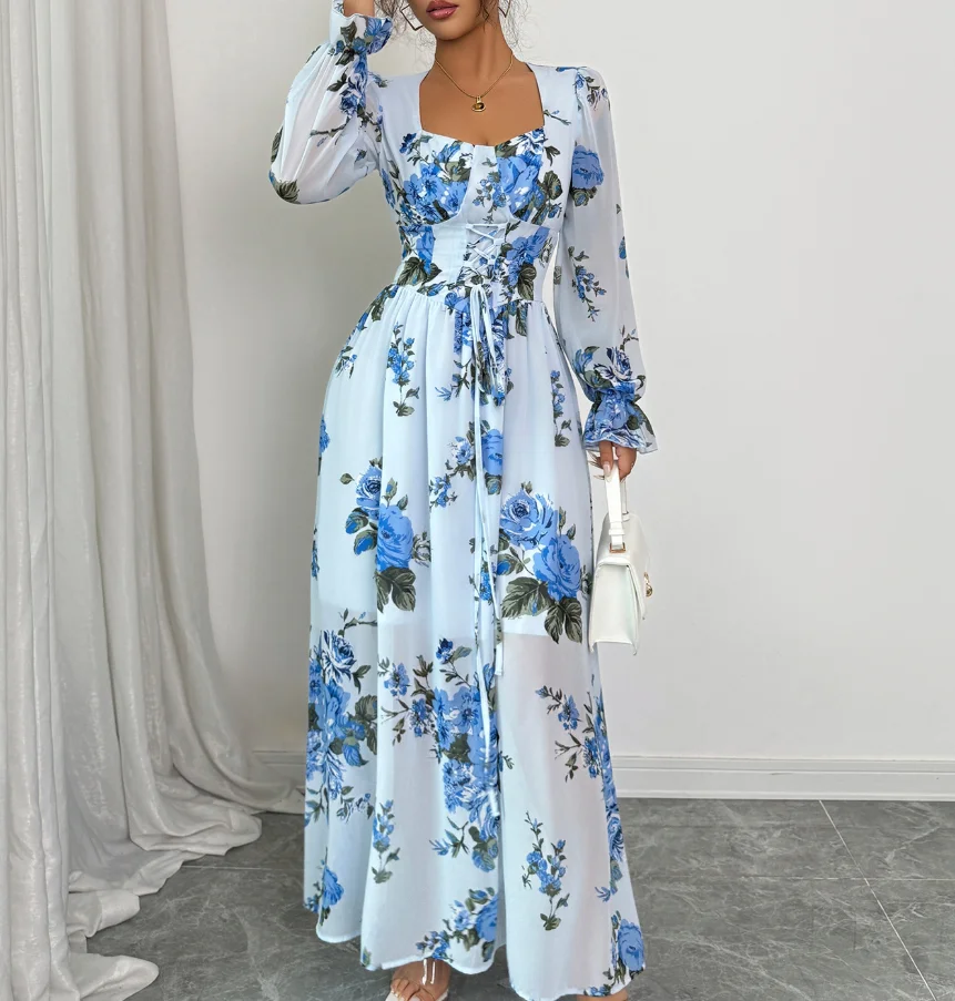 Vestido feminino francês com decote em u, manga comprida, estampa floral simples com borda fungo, vestido de manga comprida sexy, vestido feminino de camada dupla