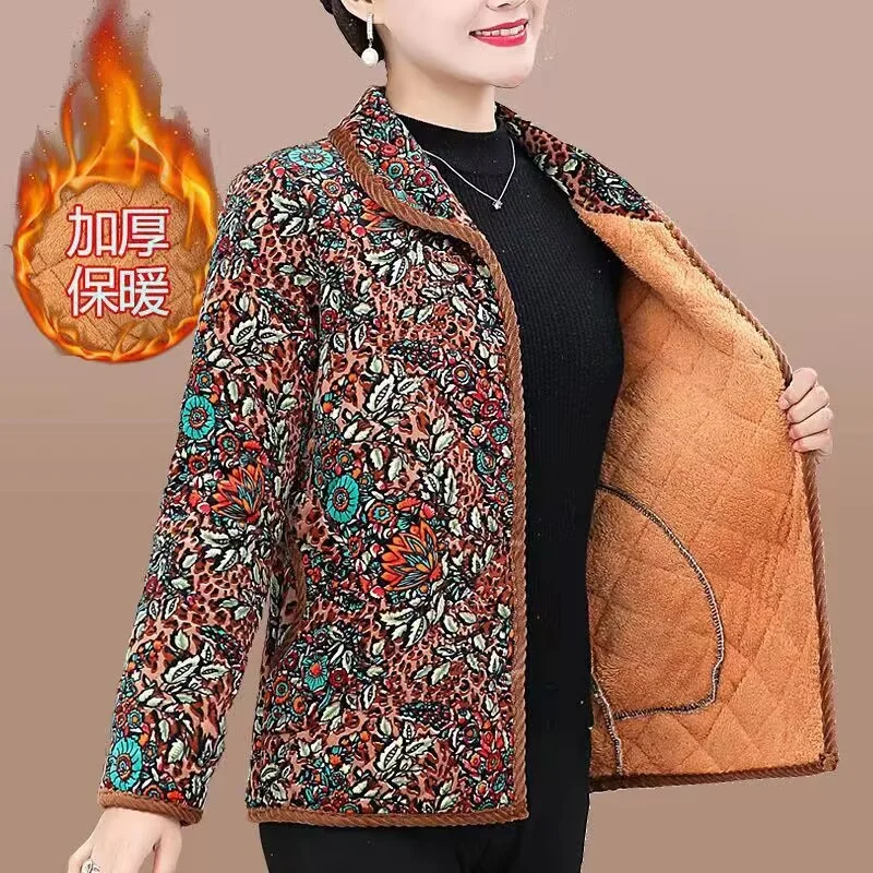 Autumn Winter Female Large Size 5XL Parkas Outwear Middle Aged Women Short Printing Down Cotton Coat Mom's Cotton Padded Jacket