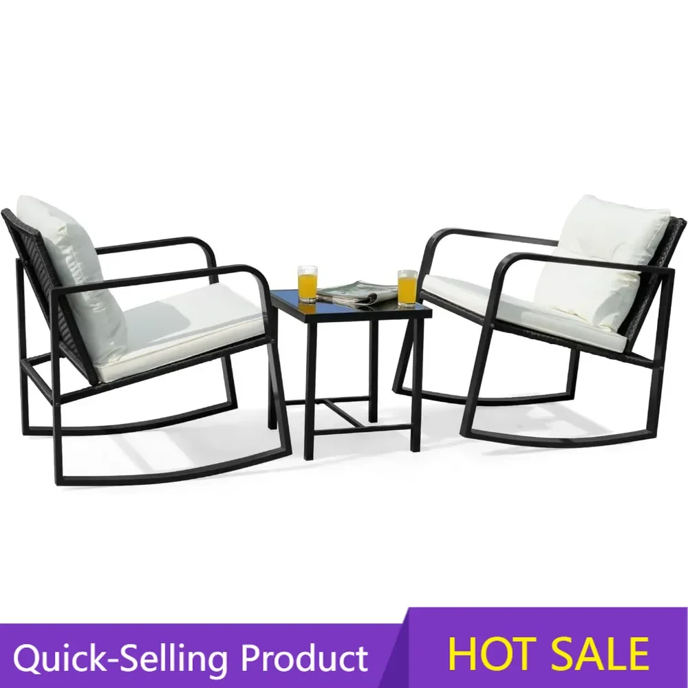 

Hot salesPatio Chairs 3 Piece Wicker Rocking Chair Outdoor Bistro Sets with Coffee Table and Cushions Metal Frame Patio Furnitur