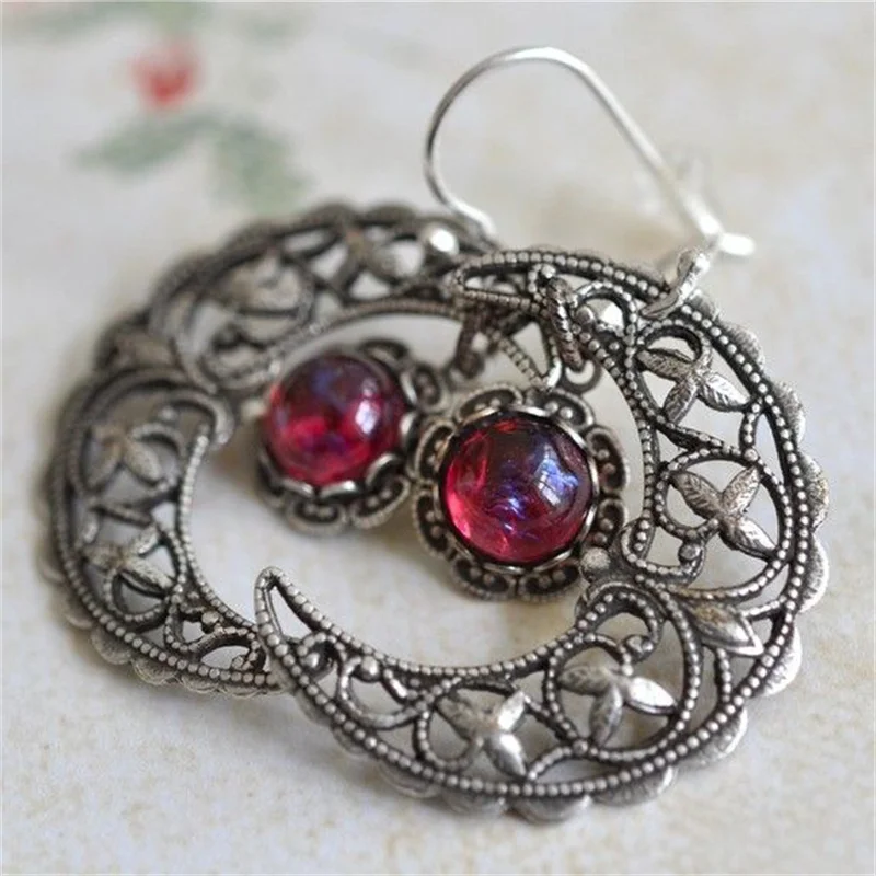 Vintage Inlaid Red Stone Moon Dangle Women's Earrings Ethnic Silver Color Hand Carving Daily Wear Party Jewelry Anniversary Gift
