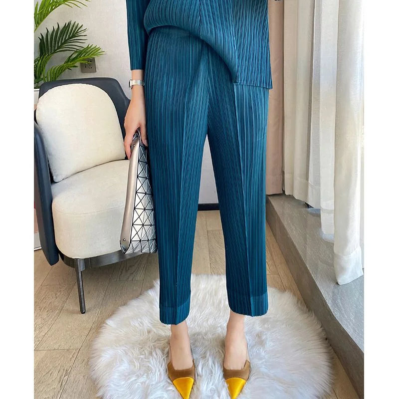 Women's High Waist Straight Leg Pants Spring Autumn Three Pleats Drapey Loose Nine Tube Cigarette Casual Trousers
