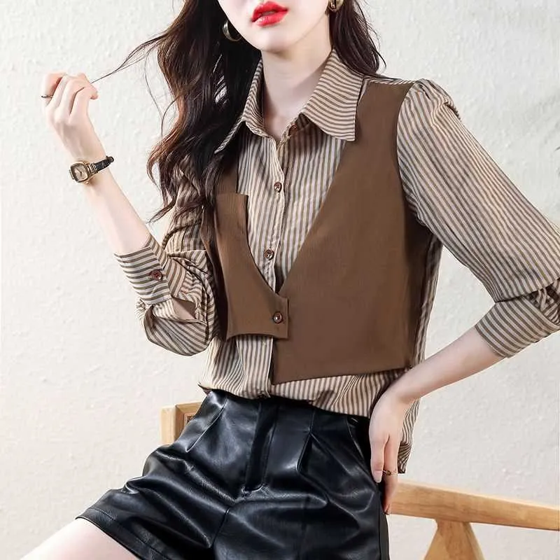 Spring Autumn Women's Plaid irt Slim Fit Long Sve Ice Silk Barn Sle Faion Ladies' irt Polyester Fiber 00%