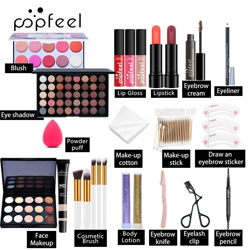 Make-Up Set, Cosmetische Set, Oogschaduwpalet, Lipgloss Set, Vloeibare Lippenstift, Make-Up Spons, Foundation, Concealer