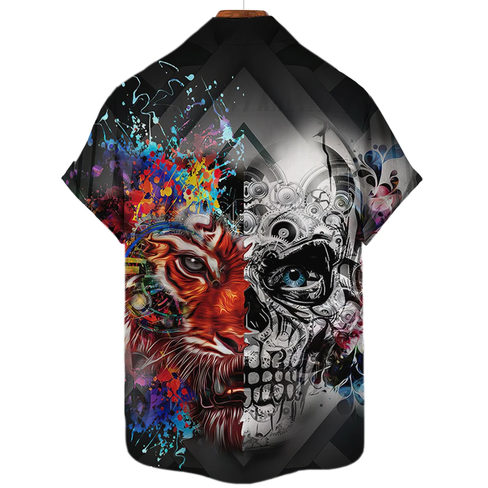 Camisas con estampado de calavera 3d para hombre, camisa hawaiana de una sola fila con cuello cubano, Tops de verano, 5xl, 2022