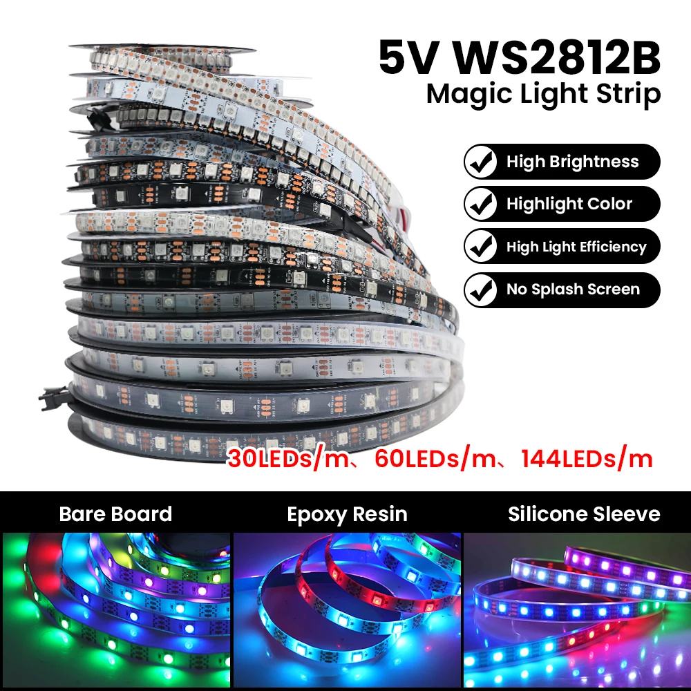 

DC 5V WS2812B RGB LED Strip 5050 30 60 96 144 Leds/M IP30 67 Flexible Ribbon Rope Individually Addressable Smart Pixels Light