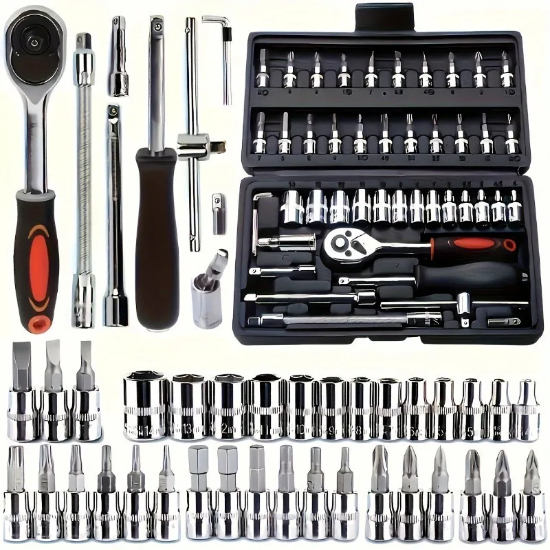 46pcs Drive Socket & Bit Set with 1/4 Inch Ratchet, Durable Mechanic Hand Tool Kit for Car and Bike Maintenance