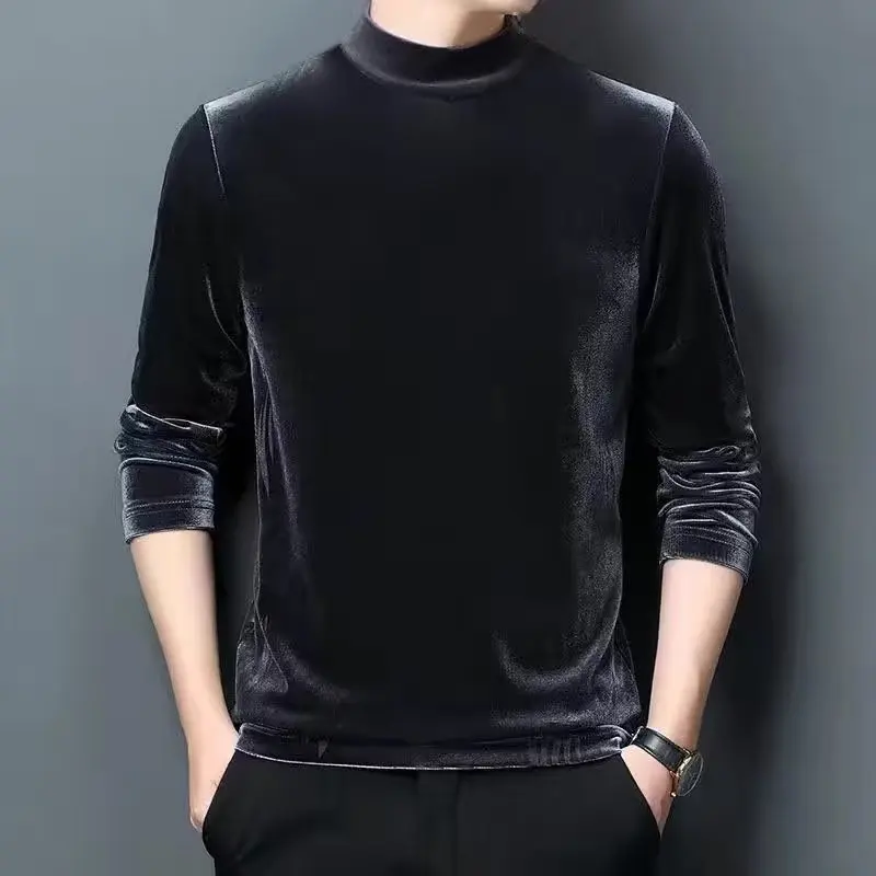 Gold Velvet Tshirt Men\'s Base Shirt Fleece Long Sleeve Shirt Half Turtleneck Pullover Men\'s Warm Top Thicken Oversized T Shirt