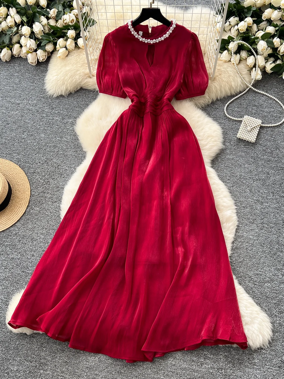 Ele Satin Feel Bubble Sve Dr femmes été minceur taille haute a-ligne Midi Dr coréen Sle ort Sve