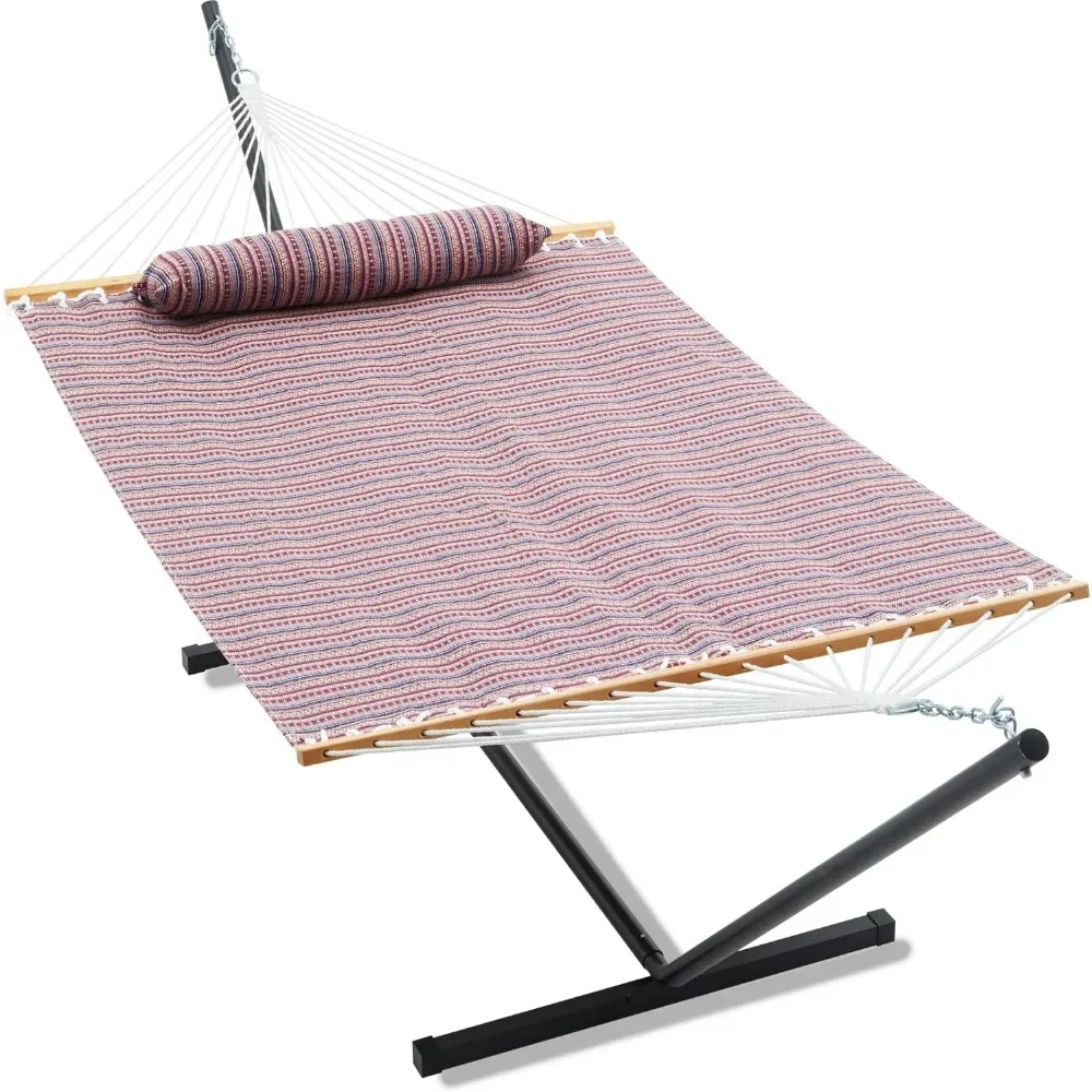 55'' Width Double Jacquard Hammock with Stand Included Heavy Duty Outside Two Person Hammocks with Hardwood Spreader Bar