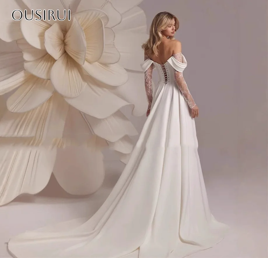 오프숄더 프롬 드레스 레이스 긴 소매 쉬폰 스윕 트레인 코르셋 백 플리츠 파티 가운 맞춤형 웨딩 드레스