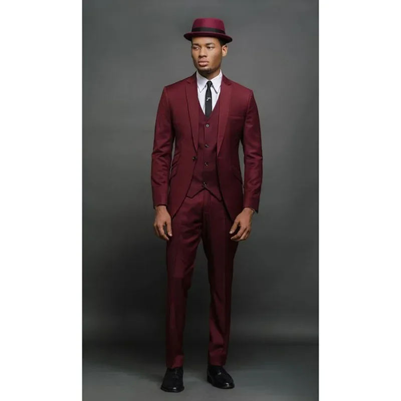 

3-Piece Burgundy Men's Wedding Suit Notch Lapel One Button Groom Tuxedo Jacket Pant Vest Set for Business Party Prom
