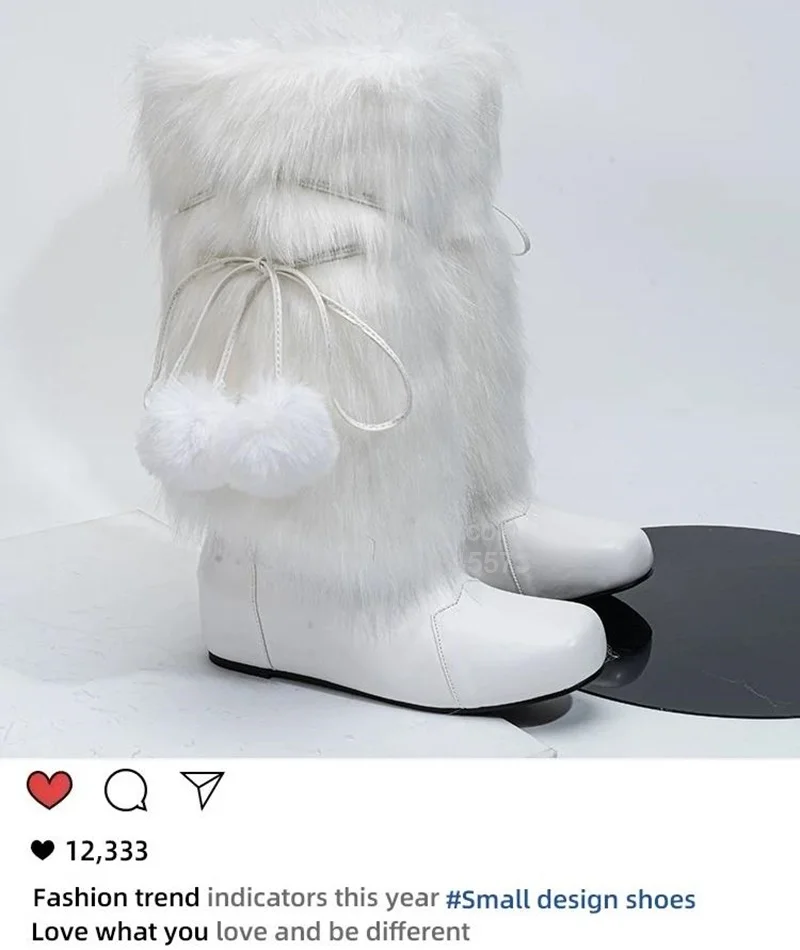 White Fur Bow Leather Knee High Boots Women's 2024 Winter New in Wedges Low Heels Soft Snow Boots Luxury Designer Shoes