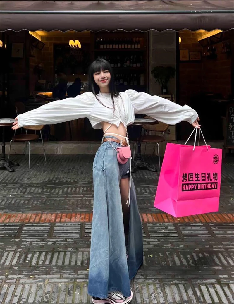 Women High Waist Robe Zevity Party Denim Side Slit Skirts Lady Streetwear Sexy Skirts Girls Fashion Baggy Blue A Line Maxi Dress