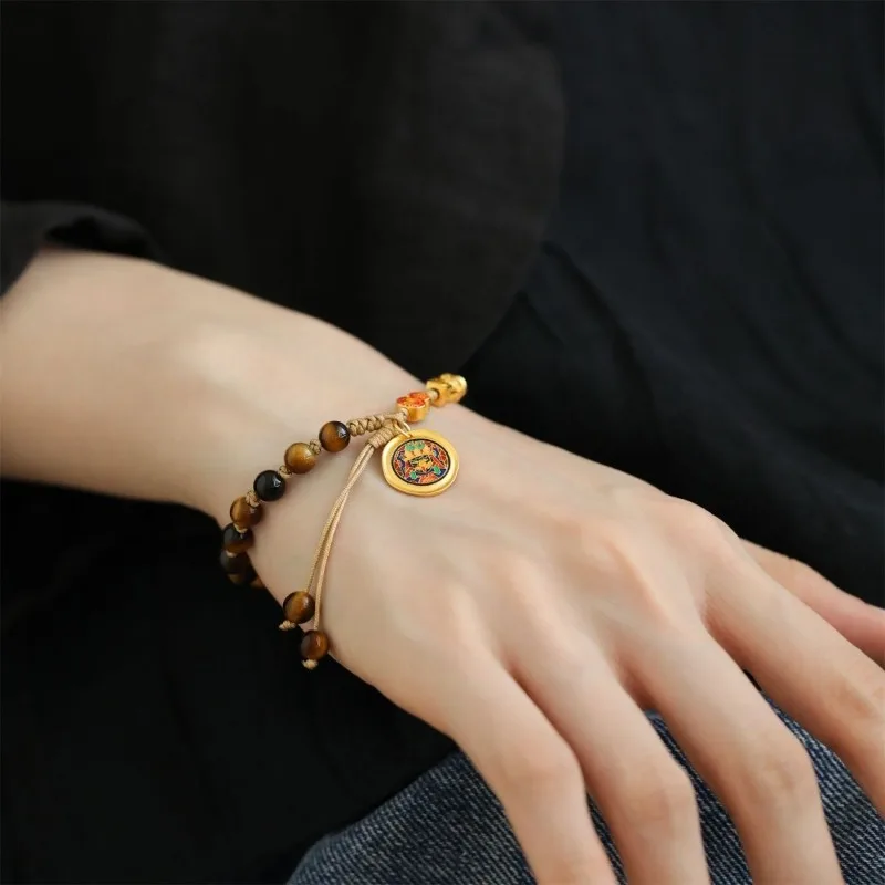 

Винтажный тибетский этнический красочный Zaki Lhamo круглый кулон красный зеленый калабас тигровый глаз камень плетеный браслет защита от удачи