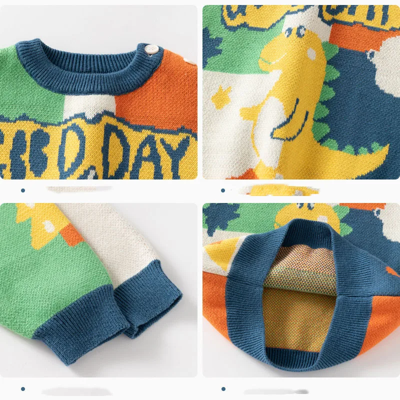 Spring Autumn Children Girls Pullover Knitted Dinosaur Patchwork Baby Girls Sweater Outdoors Moven Cotton Little Girls Knitwear