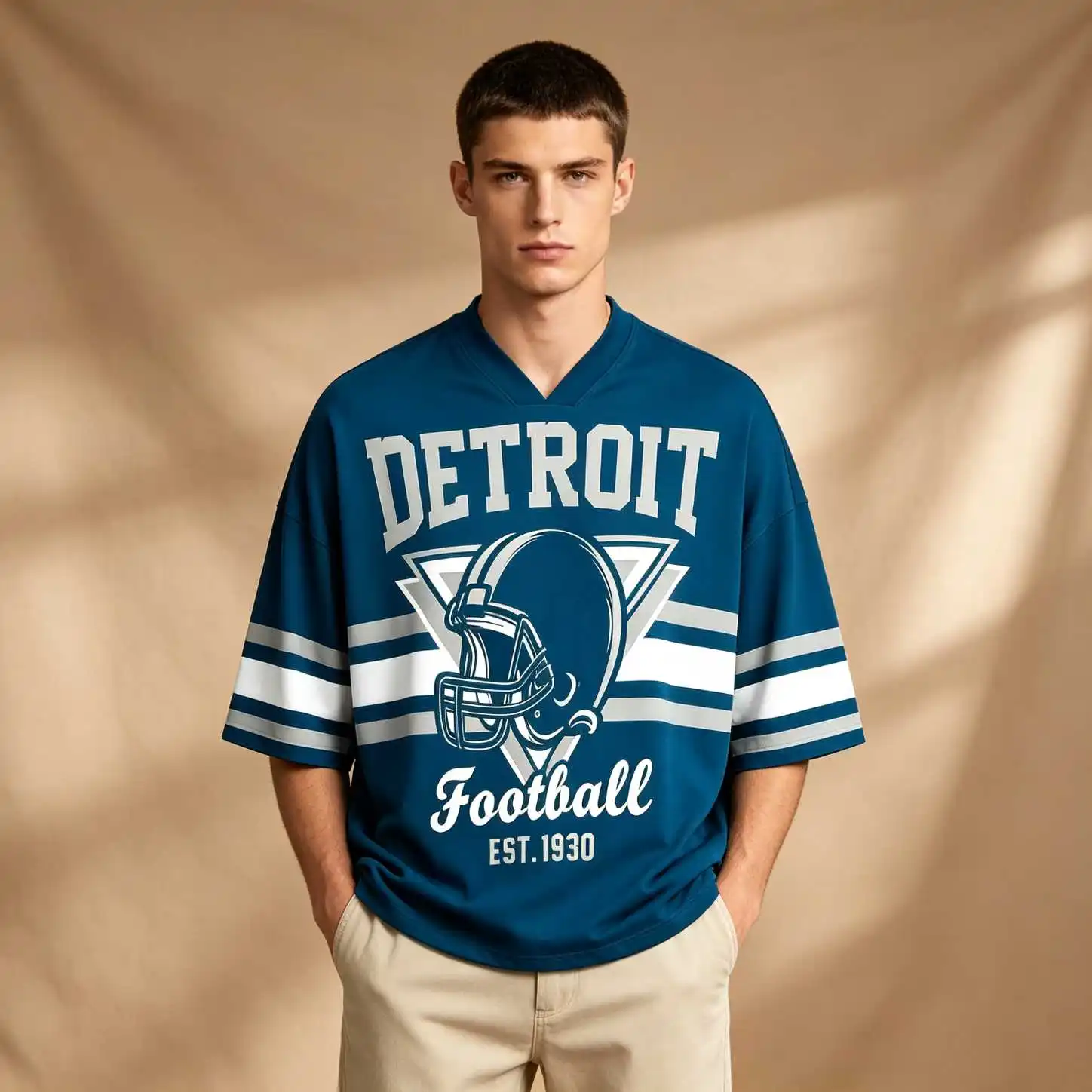 Game Day Retro Summer Men Detroit Football Helmet Print Oversized V Neck Elbow Sleeve Tee, Loose Fit