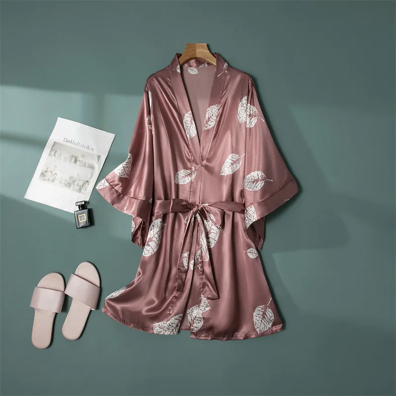 Womens Imitation Silk Bathrobe, Pink Leaf Printed Robe, Home Clothes, Summer