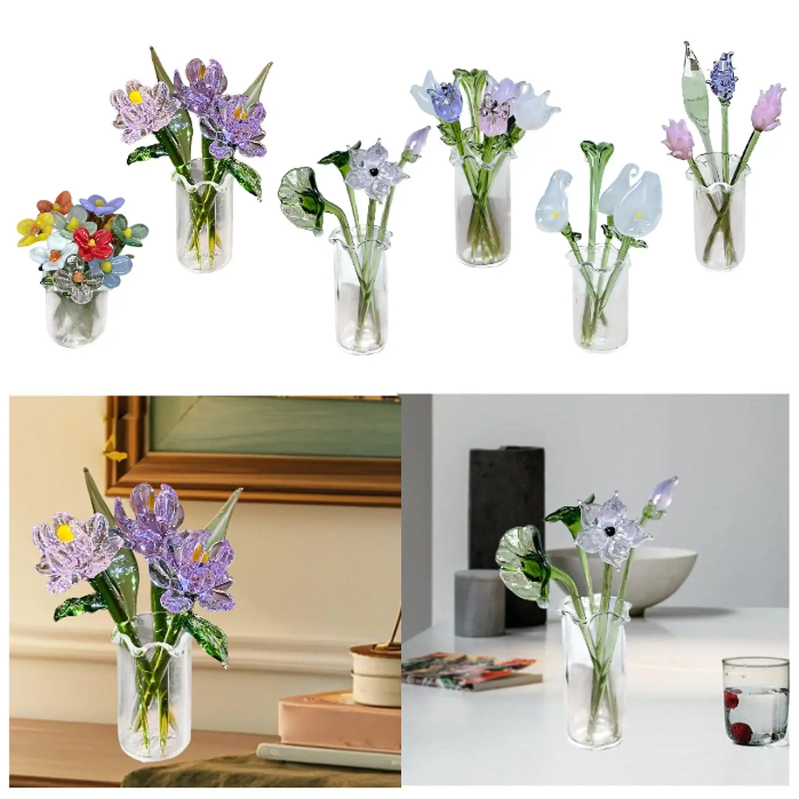 Bouquet de fleurs en verre avec vase, fleurs artificielles pour la petite amie, anniversaire, mariage, figurine de fleurs en verre, vase