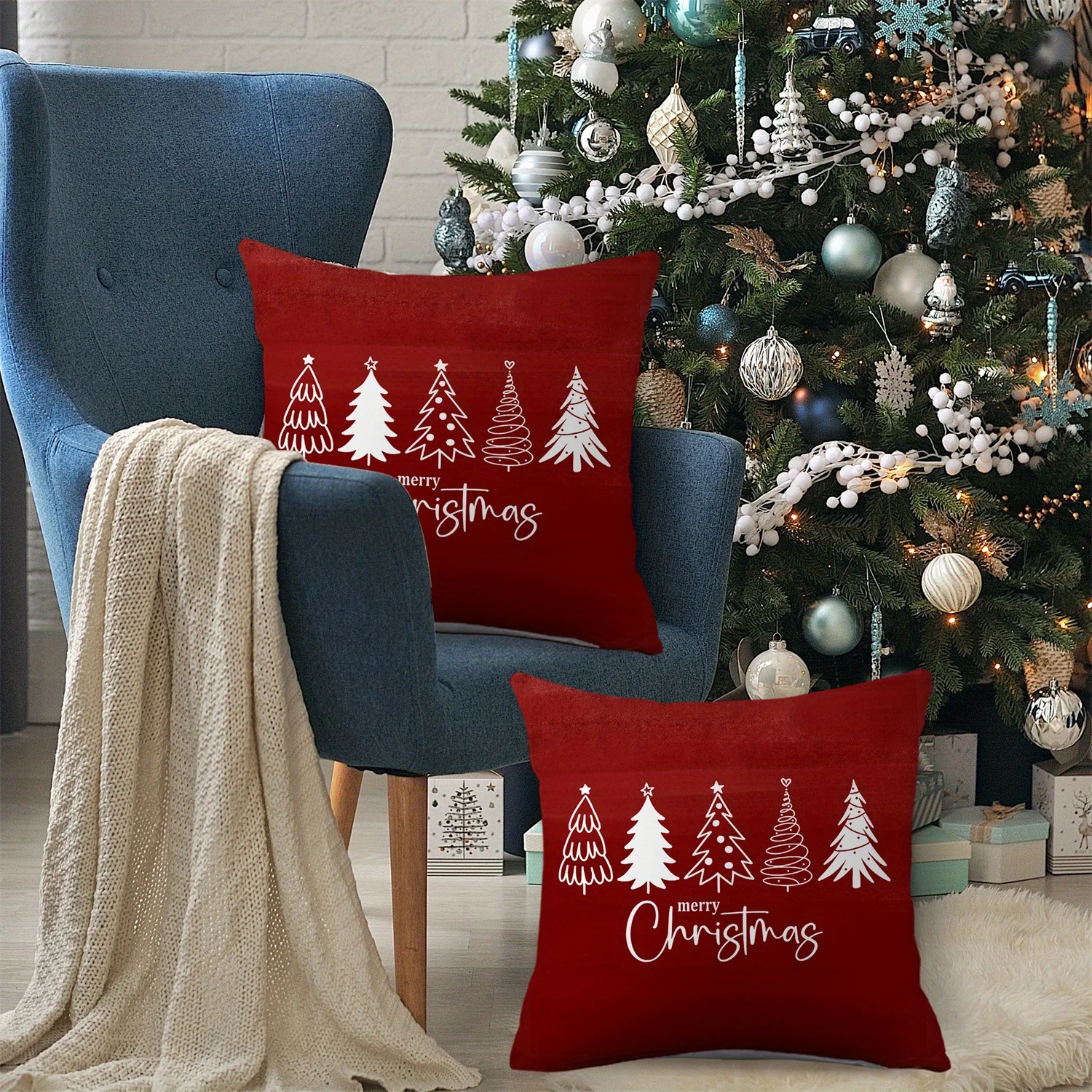 Red 2pcs Festive Christmas Tree Throw Pillow Covers, 18x18 Inch, Polyester, Zippered Hand Wash Only, with White Polka Dot