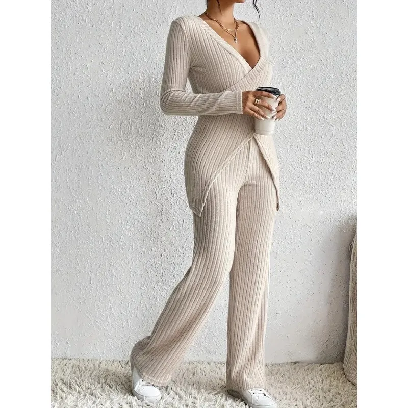 Temperament 2 Pieces Set For Woman Commuting Two Piece Outfits Homewear Pulls Femmes Home Clothing Long Sleeves Solid Color Slim
