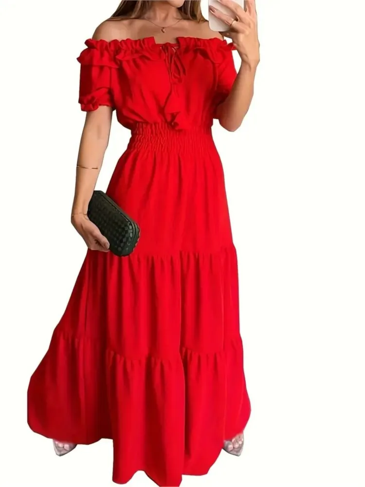Women Fashion Lace-up Ruffle One-piece Collar Maxi Dresses 2025 Summer New Boho Holiday Dress Female Commuter Casual Party Dress