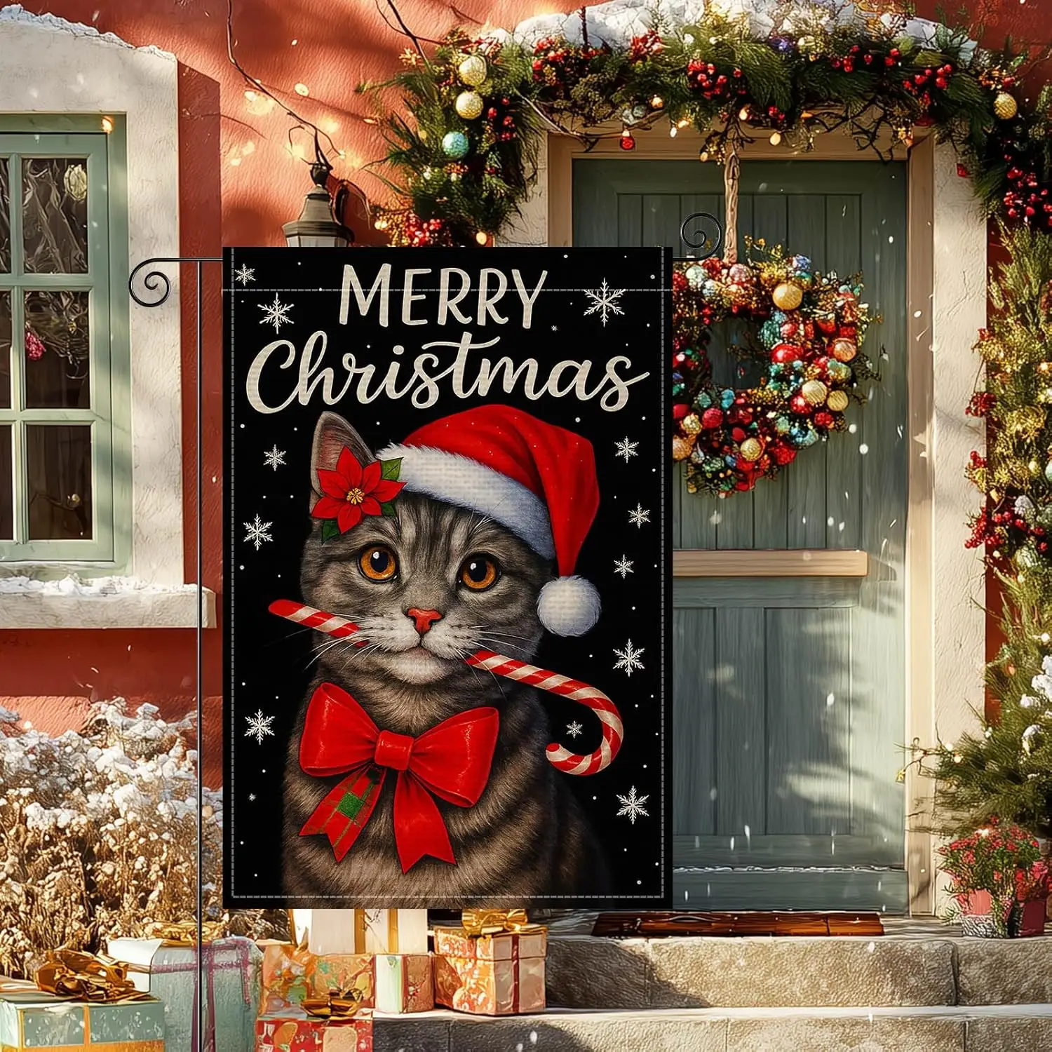 HOMETITUTE Merry Christmas Cat Garden Flag Double Sided 12x18 Inch Burlap Winter Garden Flag Cat with Santa Hat and Candy Ca zzo