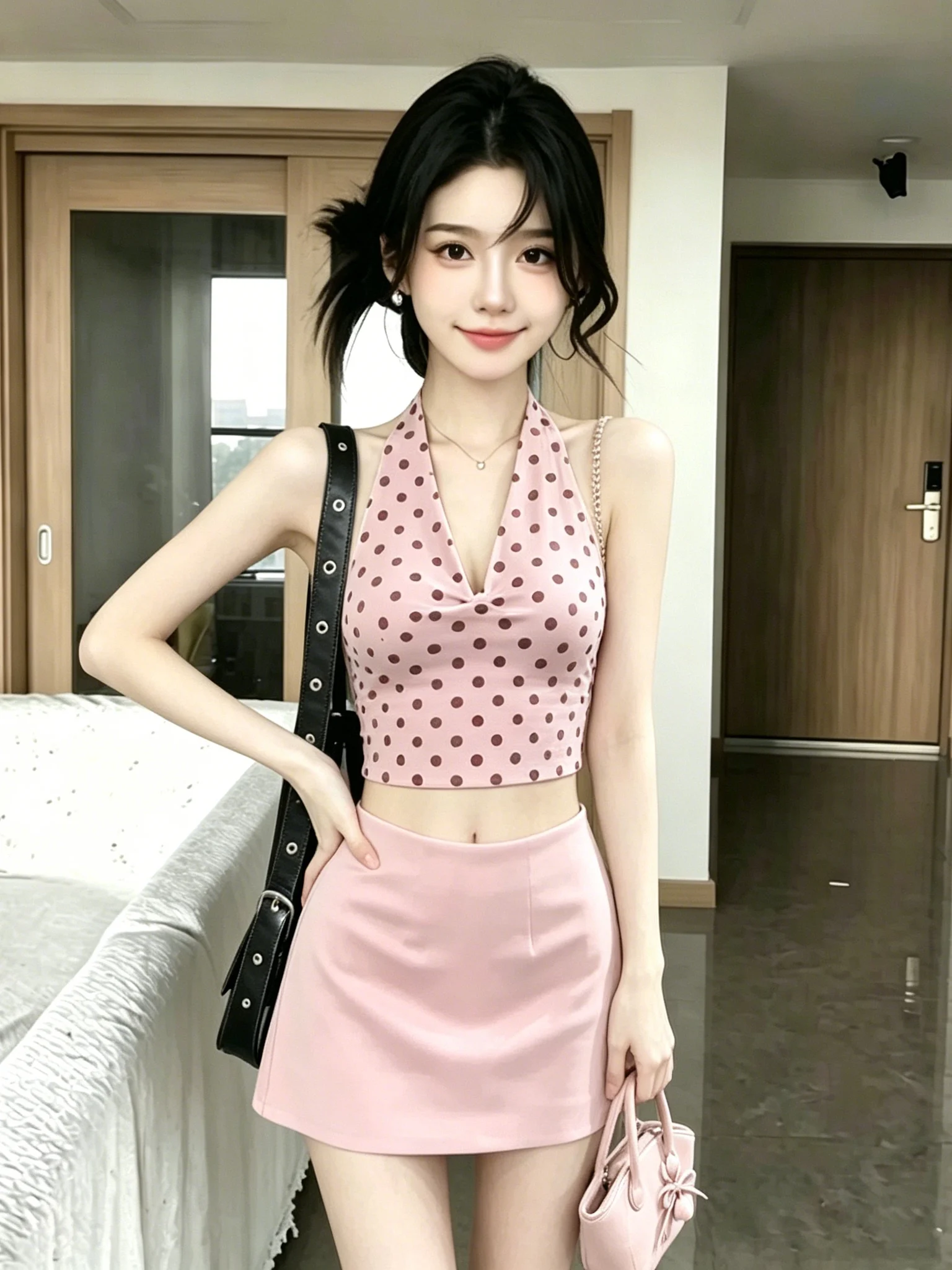 

Pink Polka Dot V-Neck Hanging Neck Top And Half-Length Skirt Women's Summer Slimming Two-Piece Set Chic Short Sleeveless Outfit