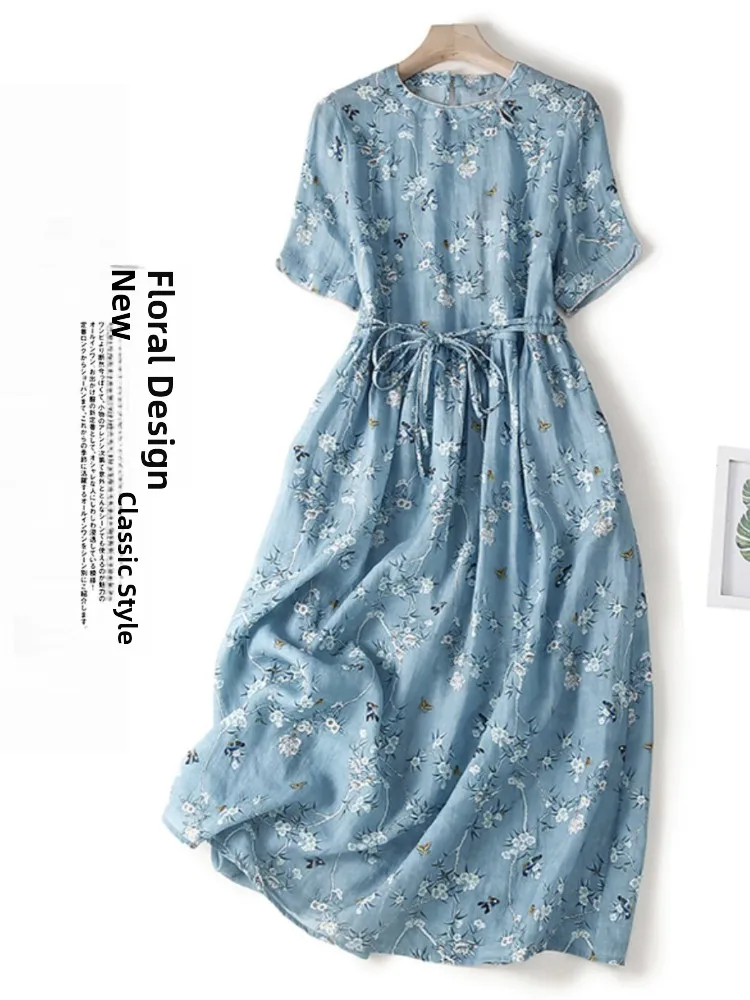 

Retro Japanese Style Floral Print Midi Dress Women's Summer Loose Fit Thin Material Dress Casual round Neck Short Sleeve Dress