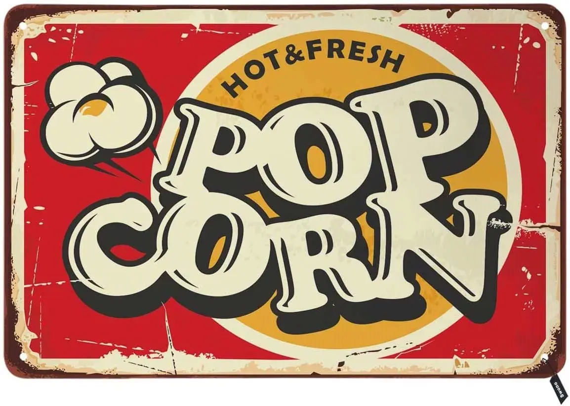 Hot Fresh Popcorn Tin Signs, Retro Signs Food and Snacks Vintage Metal for Men Women, Bar, Restaurant, Cafe Pub, 12x8 Wall Decor