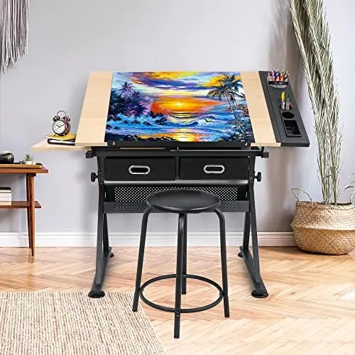 Adjustable Height Drafting Desk Drawing Table Tiltable Tabletop for Reading, Writing Art Craft w/Stool and Drawers view 6