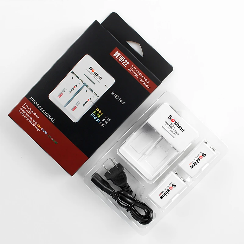 Soshine-cargador rápido de batería de 9V, 2 piezas, 680 mah, 9V, batería recargable de iones de litio