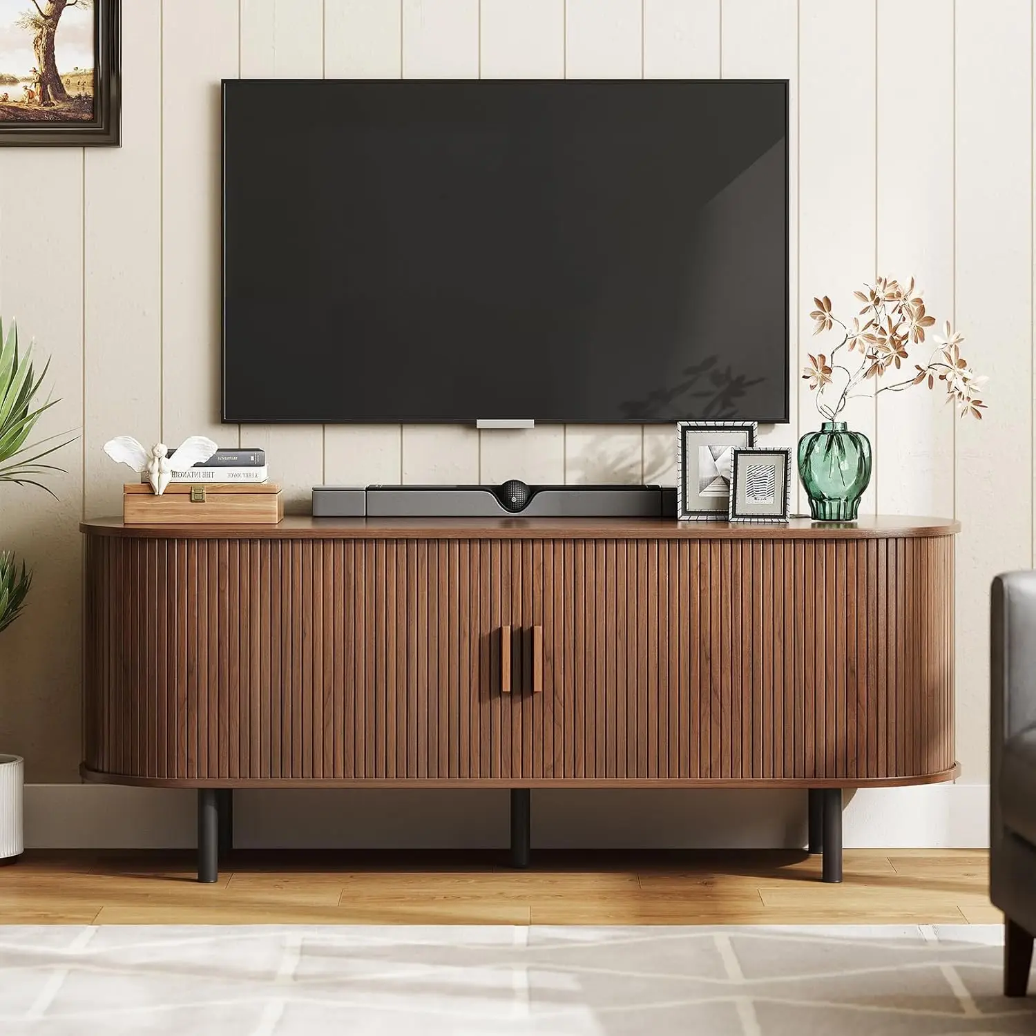 

55" TV Stand with Power Outlet for TVs up to 60 Inch, Entertainment Center with Storage and Adjustable Shelves, Modern Media Con