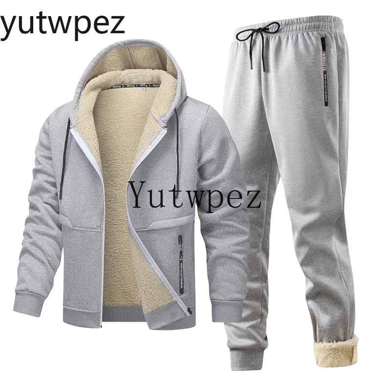 Warm Outerwear Hooded Sweatshirt Outdoor Hiking Running Fleece Men Set Fashion Brand Tracksuit Cycling Camping Lined Thick Male view 3