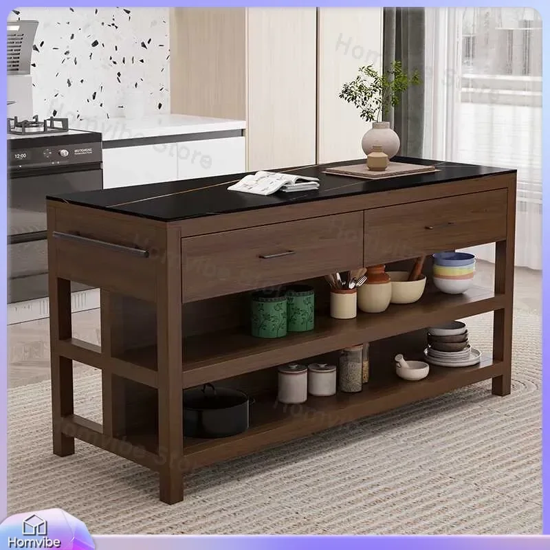Kitchen Island with Storage Marble Top Solid Wood Dining Table Removable Cooking Station Open Bar Counter Side Cabinet for