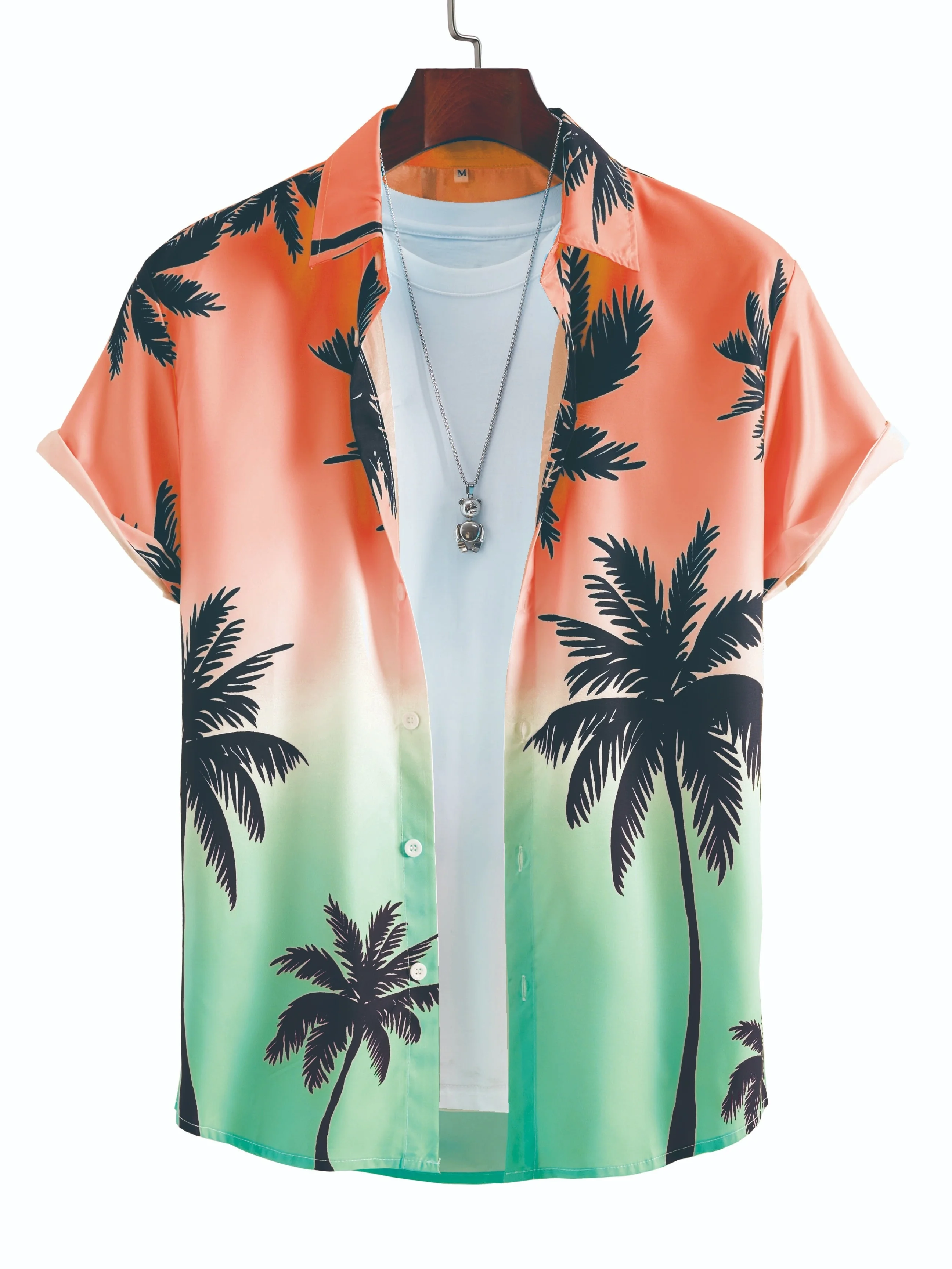 

Coconut Tree Pattern Gradient Color Print Men's Short Sleeve Button Down Lapel Shirt For Summer Resort Holiday, Hawaiian Style