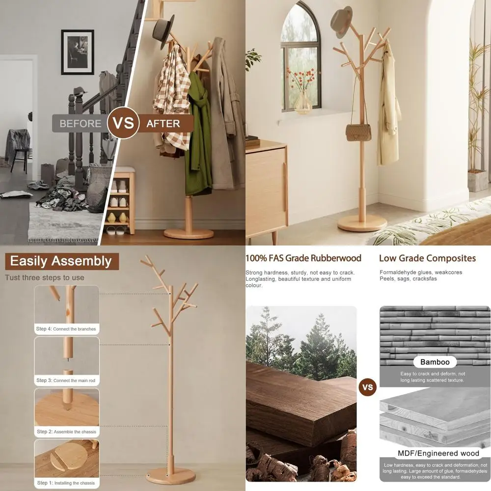 

12-Hook Solid Wood Freestanding Coat Rack with Adjustable Heights for Hats, Handbags, and Coats - Natural Finish