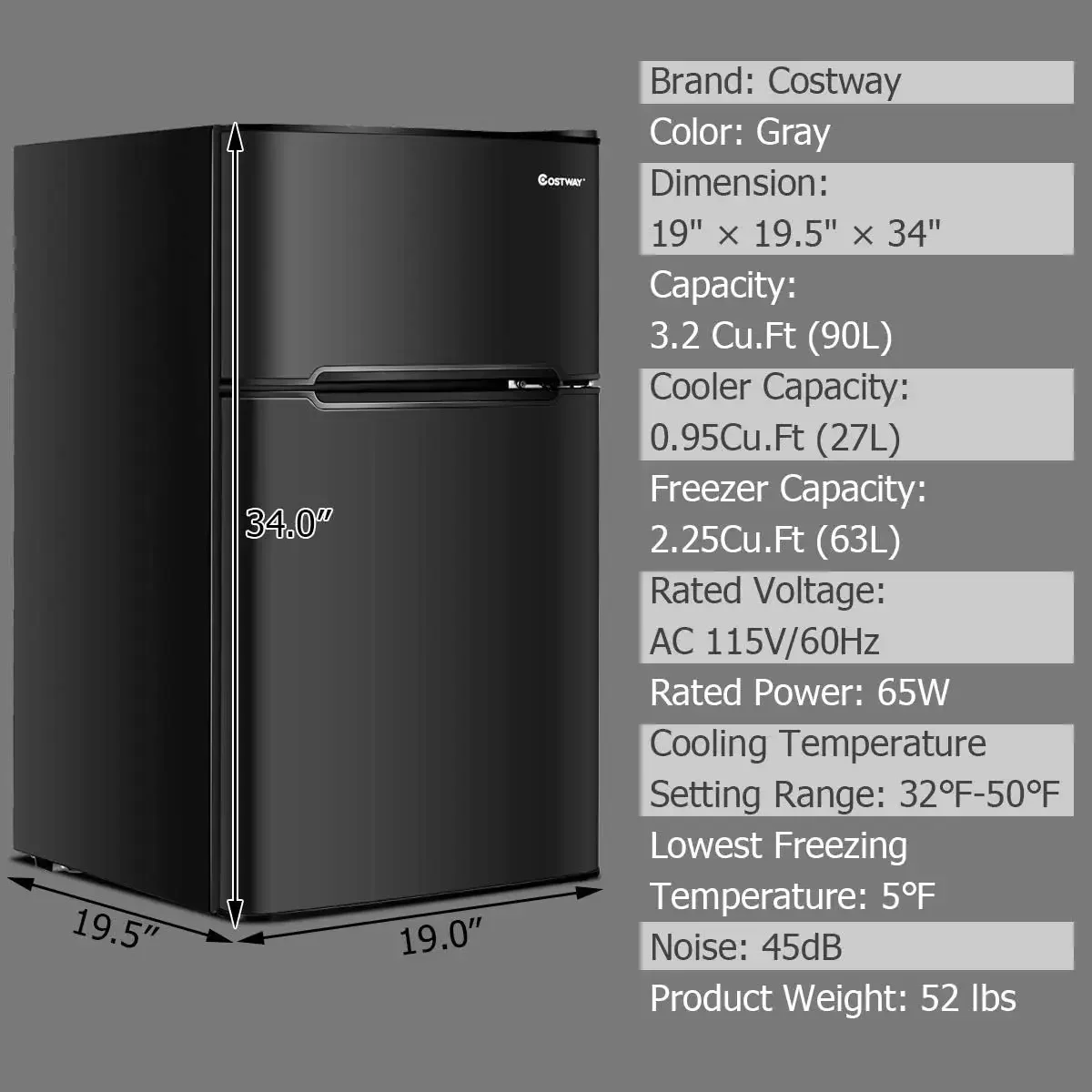 COSTWAY Compact Refrigerator, 3.2 cu ft. Unit 2-Door Mini Freezer Cooler Fridge with Reversible Door, Removable Glass