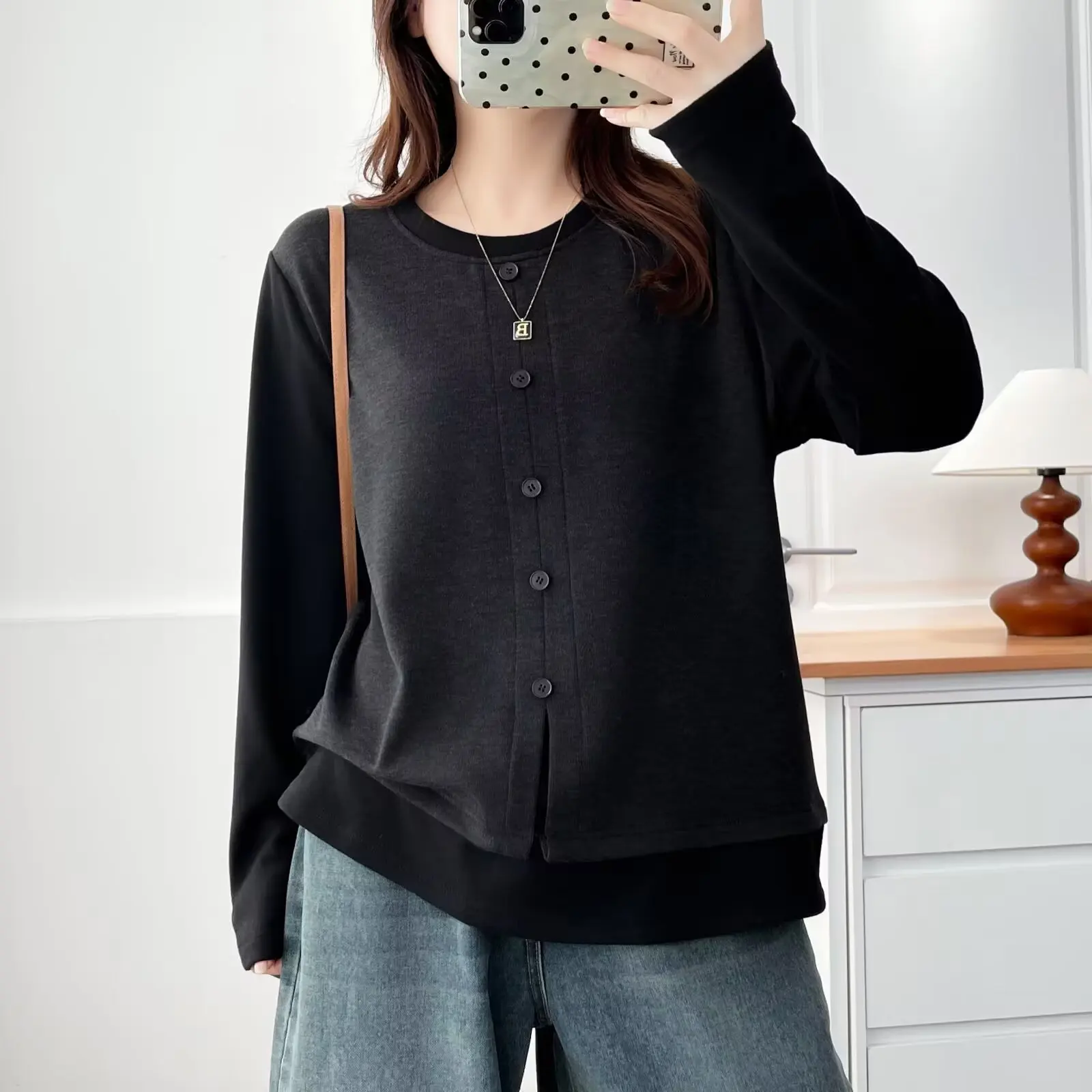 XXXXL موضة حجم كبير ملابس امرأة تي شيرت وهمية قطعتين الصوف الدافئة طويلة الأكمام الخريف الشتاء الجولة الرقبة داخل القمم 2521 #1