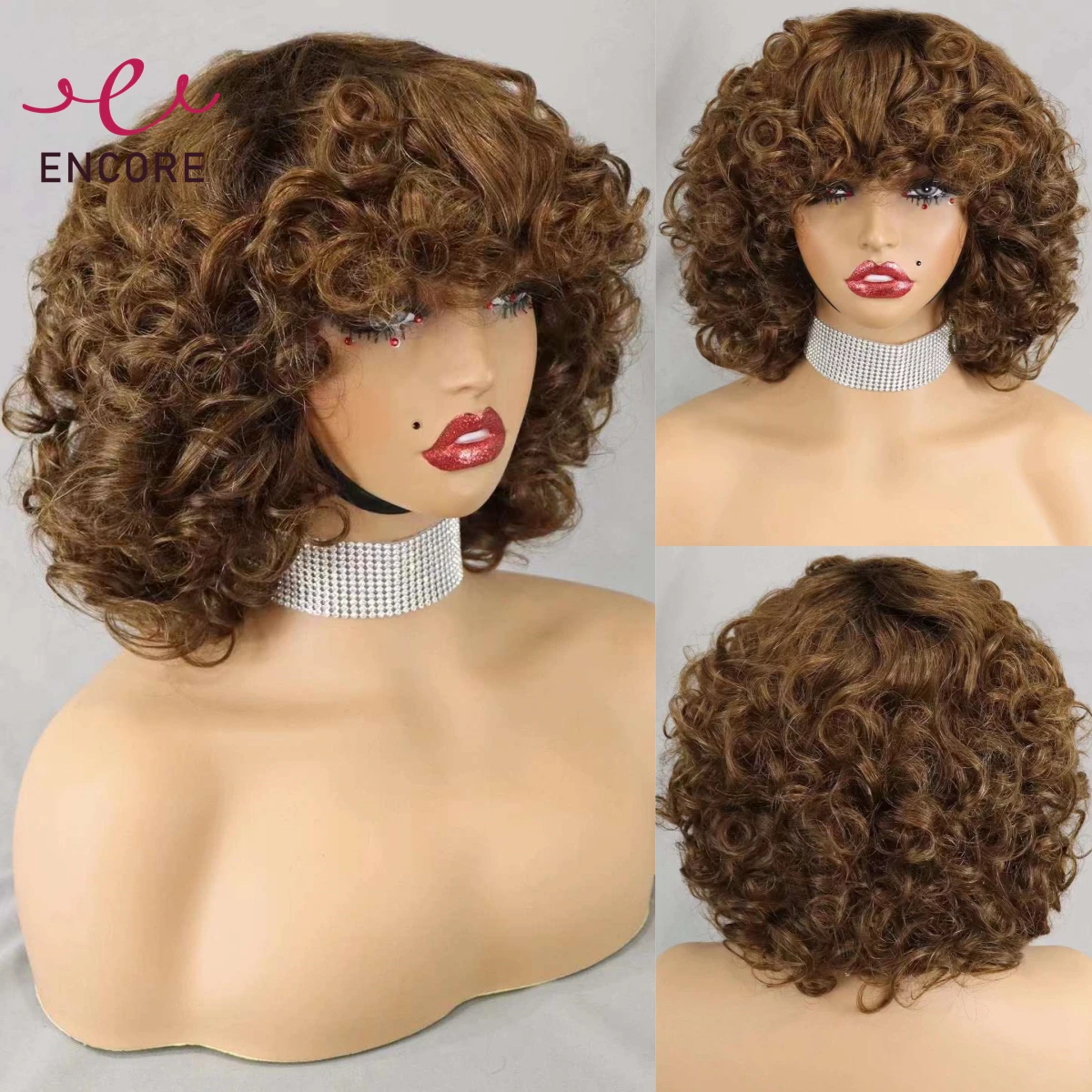 

200% Density Brazilian Remy Human Hair Wigs 1BT4 Color Loose Wave Machine Made Short Curly Bob Wigs with Bangs for Black Women