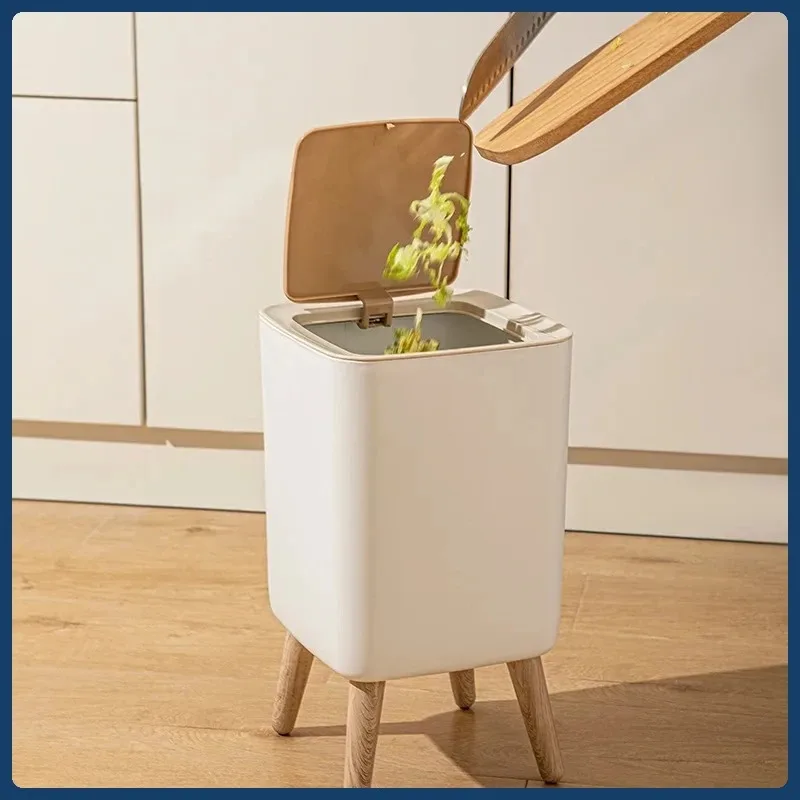 10LWhite Wooden Garbage Bin with Lid-Tall Legged Trash Can for Living Room,Bathroom & Office,Modern Kitchen Waste Bin with Pedal