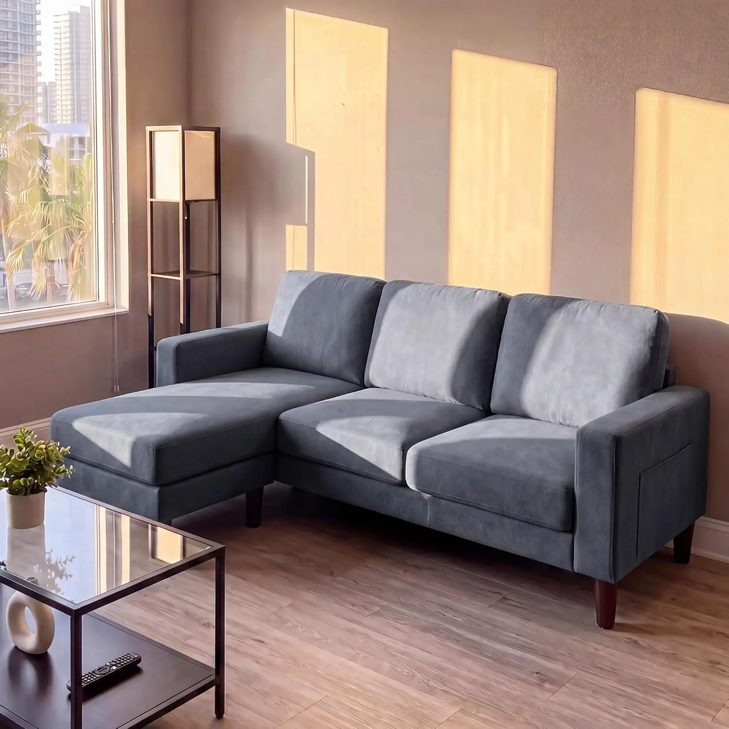 L Shaped Small Sofa With Reversible Chaise, Movable Ottoman & Side Pockets, Linen Fabric For Apartment Living Room, Customized
