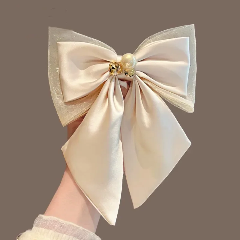 Ribbon Bow Hair Clips for Women Pearl Crystal Temperament Elegant Headpiece Spring Clip Headwear Korean Hair Accessories