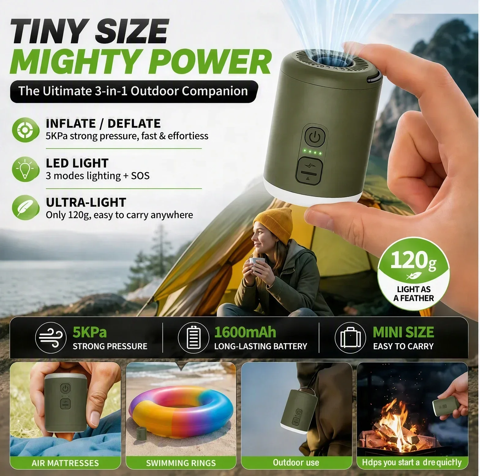 New Mini Electric Inflatable Pump with Lights Wireless Air Compressor Inflate Deflate Air Pumps for Hiking Camping Equipment
